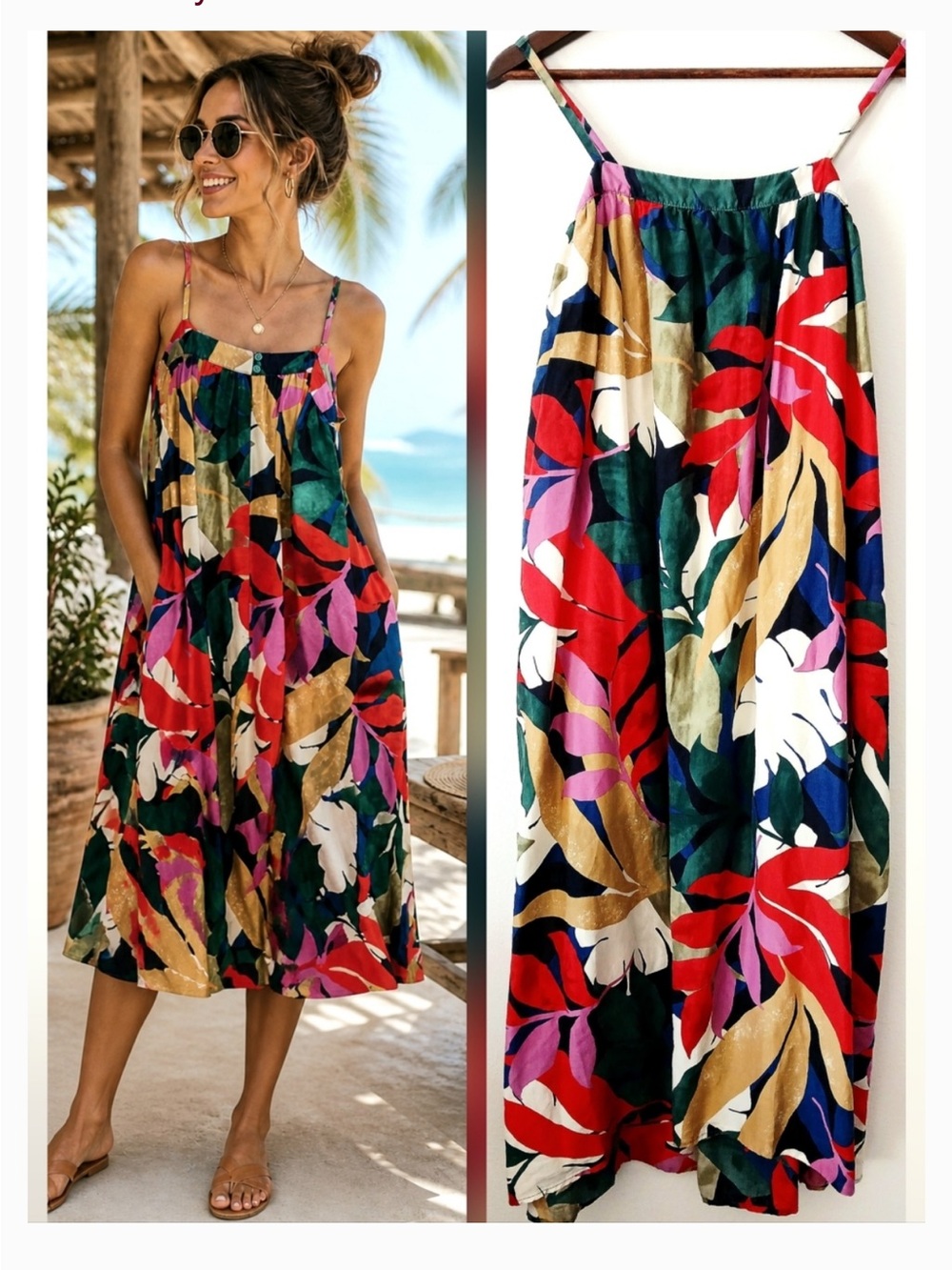 a. New day Tropical Floral Midi Sundress with Spaghetti Straps - Multicolor